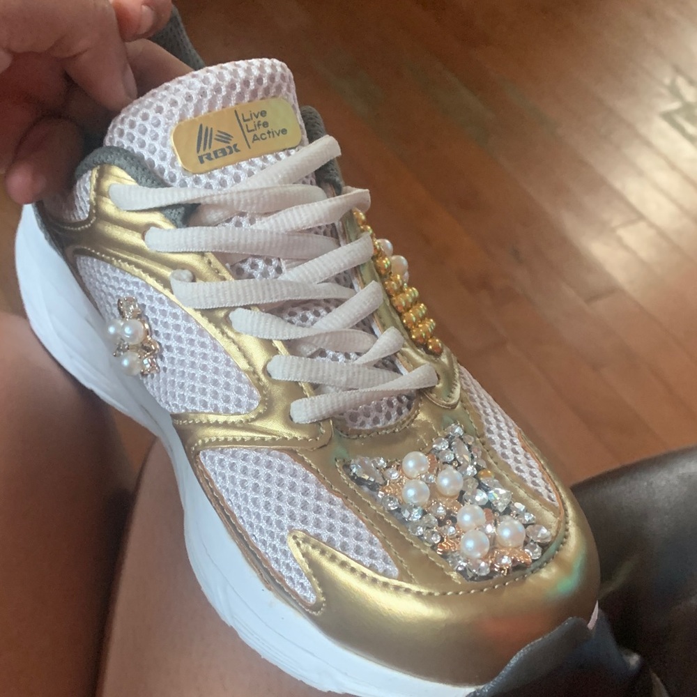 RBX Women's Gold and White Pearl Embellished Sneakers